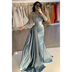 Vestido de noche de fiesta con cuello alto, mangas largas y lentejuelas, corte tubo/columna 