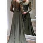 Robe de soirée longue trapèze à col rond et manches longues ornée de perles