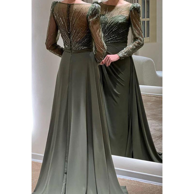 Robe de soirée longue trapèze à col rond et manches longues ornée de perles
