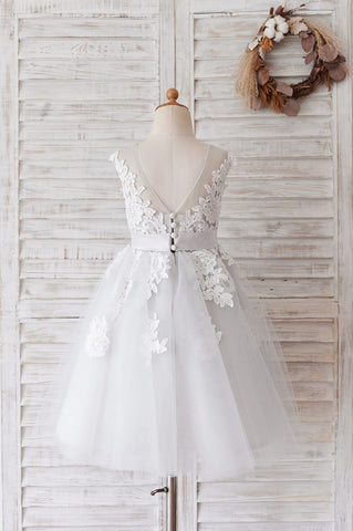 Vestido morado de tul y encaje hasta la rodilla (2003227696) 