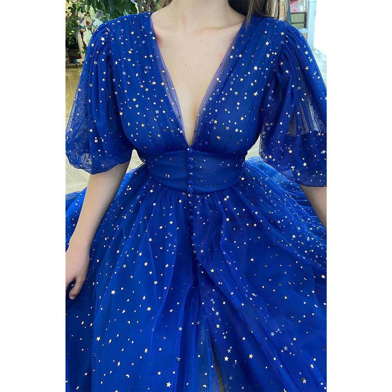 Plunging V-neck Half Sleeves Sparkly Formal Dress with Slit