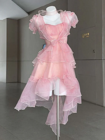 Vestido sexy de gasa rosa con corte asimétrico para fiesta de bienvenida o cumpleaños Y7664