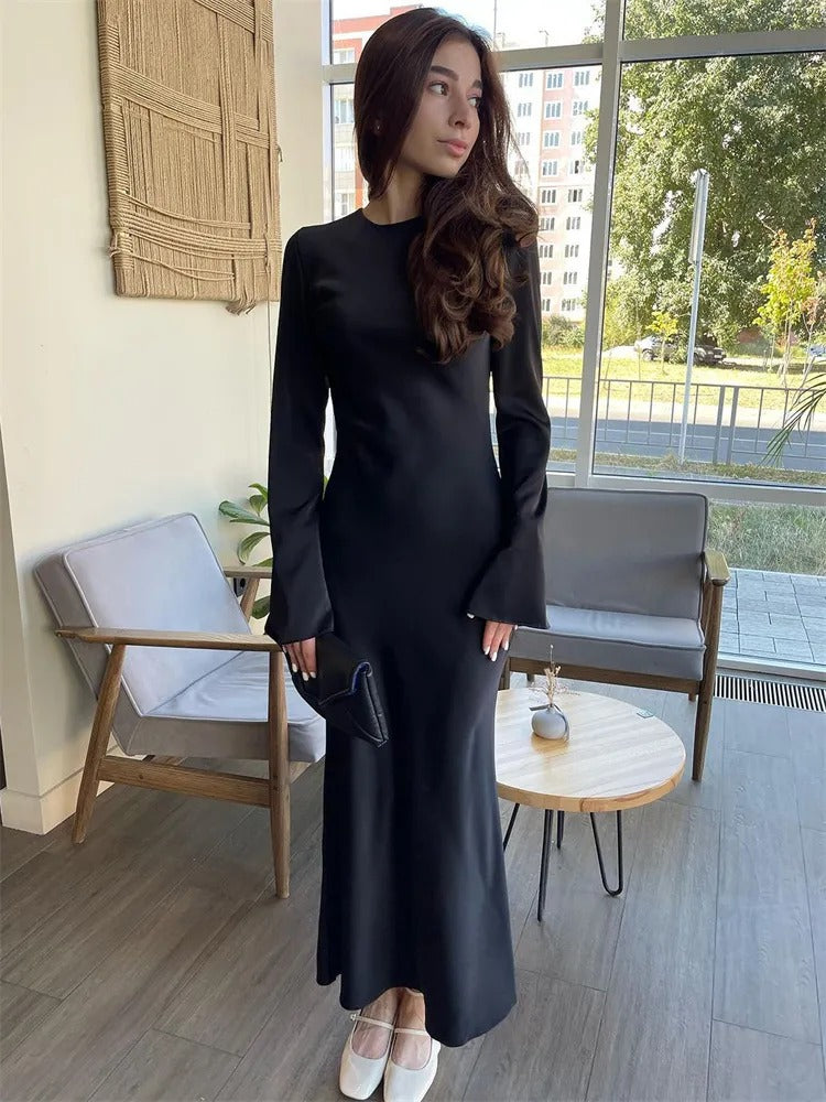 TARUXY Stain Slim Maxi Dresses For Women Elegant Solid Party Evening Dress Women's High Waist Luxury Femme Autumn Fashion Dress