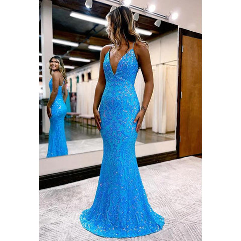 Robe de bal sirène à bretelles spaghetti et col en V avec appliques de paillettes