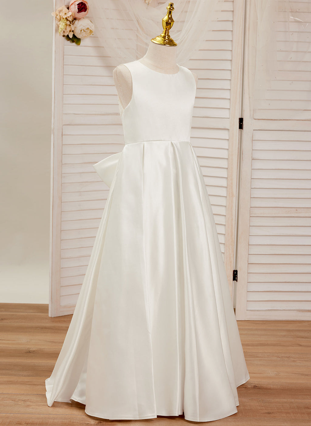 Vestido de niña de las flores para la Primera Comunión, corte en A, encaje y satén, hasta el suelo 