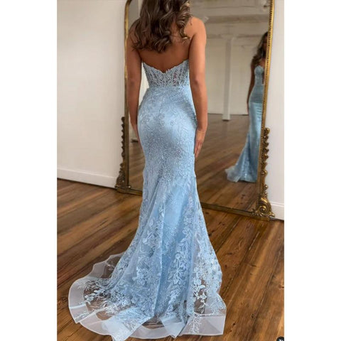 Vestido de noche para fiesta de graduación con apliques de encaje y corte trompeta sin tirantes y escote corazón 