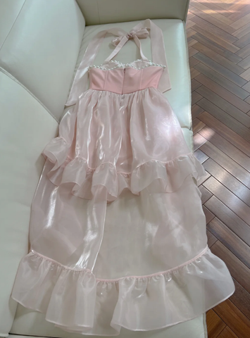 Simple Halter Pink Tulle Pearls Beaded High-Low Ruffles Homecoming Dress Party Dress Y8582