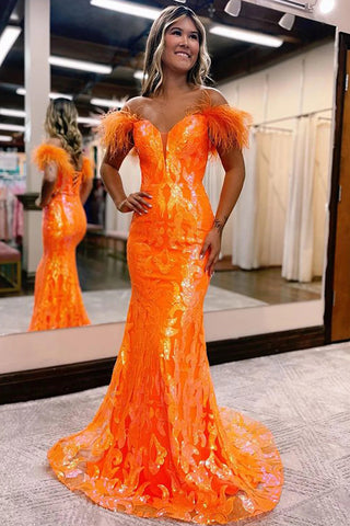 Mermaid Off the Shoulder Orange Long Prom Dress with Feathers