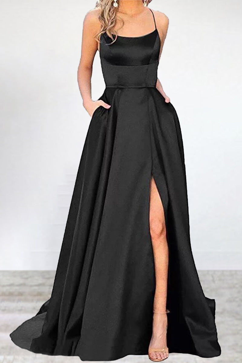 Vestidos de noche sexys, formales, de color liso, con escote en U y abertura alta. 