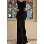 Robe de soirée longue en satin à paillettes et col en V, sans bretelles, froncée