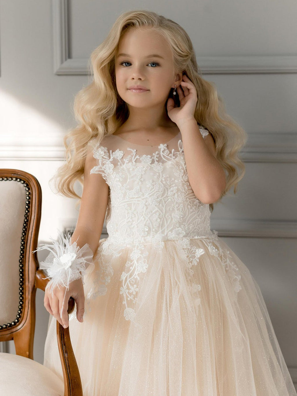 Robe de bal champagne brillante sans manches pour demoiselles d'honneur avec dentelle