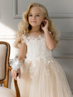 Robe de bal champagne brillante sans manches pour demoiselles d'honneur avec dentelle