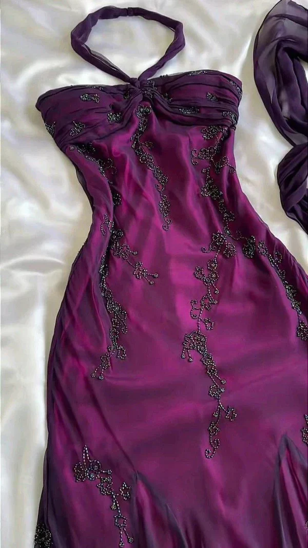 Robe de bal sirène vintage violette en mousseline de soie à perles, dos nu, longue robe de soirée Y7503