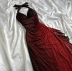 Robe de soirée longue sexy rouge ombrée à col en V en mousseline, dos nu, Y7485