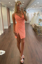 Sheath V Neck  Sequins Short Homecoming Dress with Criss Cross Back