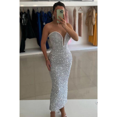 Robe de soirée longue à paillettes et perles, fourreau scintillant, sans bretelles 