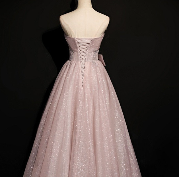 Precioso vestido de graduación rosa de tul con lentejuelas, sin tirantes, plisado y con cuentas. Vestido de gala formal para cumpleaños o quinceañera Y7579