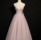 Precioso vestido de graduación rosa de tul con lentejuelas, sin tirantes, plisado y con cuentas. Vestido de gala formal para cumpleaños o quinceañera Y7579