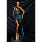 Robe longue verte sexy et ajustée à une épaule, plissée et transparente, ornée de perles 