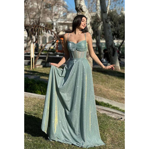 Elegant & Luxurious Spaghetti Straps Square A-line Shining Evening Party Formal Prom Dress