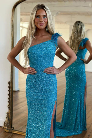 Robe de bal longue sirène asymétrique bleue à sequins et fente sur le devant