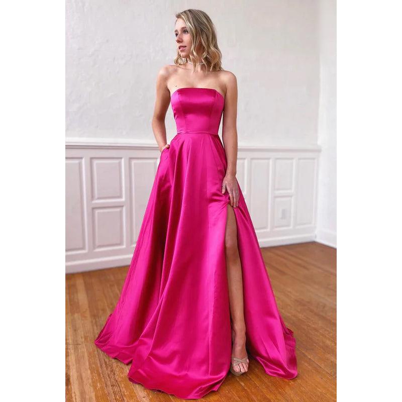 Robe de soirée longue en satin, sans bretelles, sans manches, à lacets, coupe trapèze, avec fente