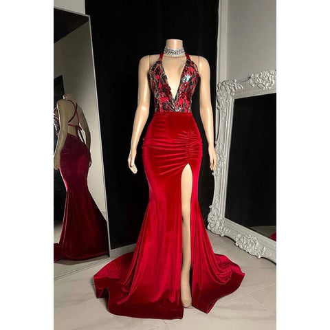 Robe de bal sirène sexy et tendance, col en V, sans manches, bretelles croisées, fente, froncée