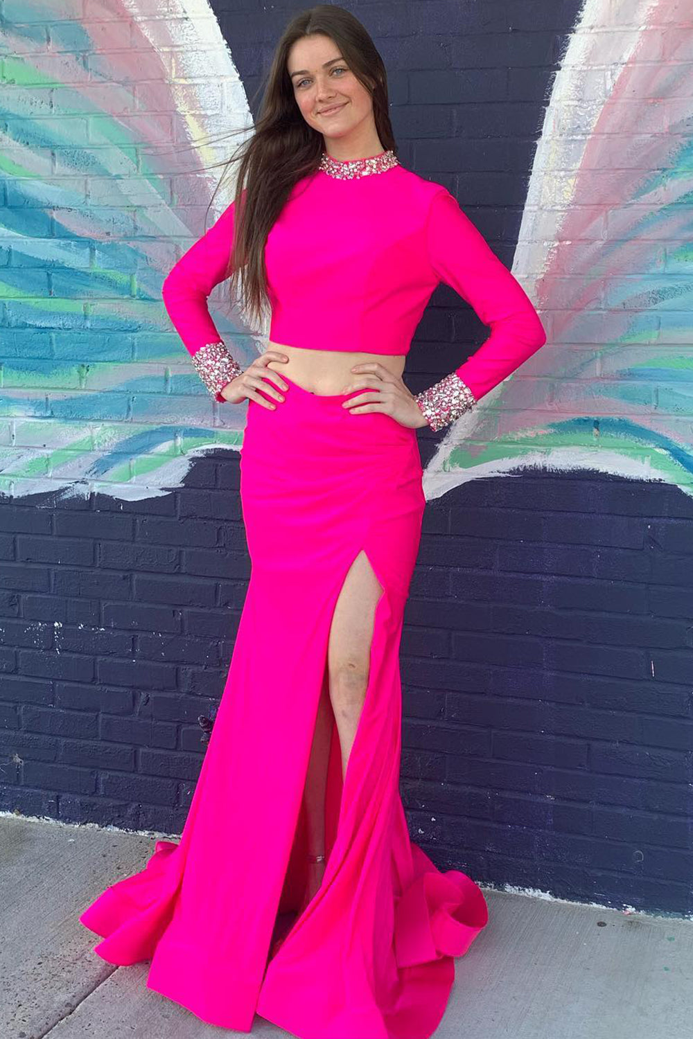 Vestido largo de fiesta de dos piezas con cuello redondo