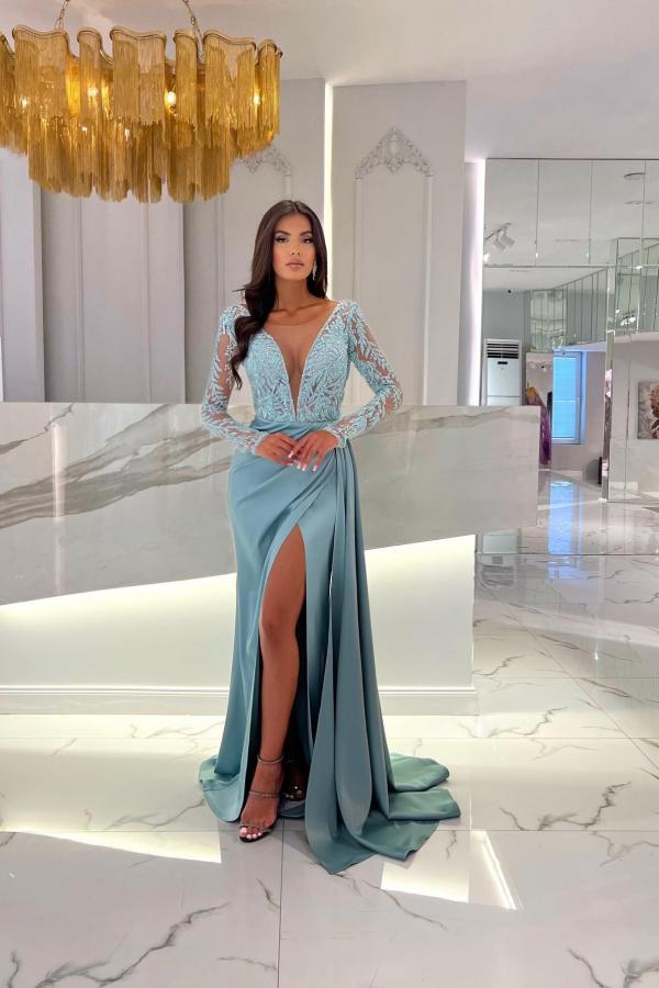 Long Sleeves V-Neck Evening Dress Lace With Split Online