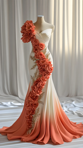 Vestido de fiesta largo de sirena de gasa con elegantes apliques de flores de peonía Y8566