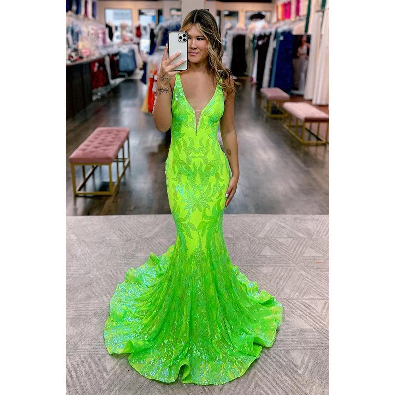 Vestido de fiesta de sirena con apliques de lentejuelas y escote en V sexy 