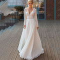 Wedding Dresses Long Sleeves Bohemian Illusion Lace Appliqued Chiffon Bridal Gowns Beach V-Neck A Line Robes De Mariée
