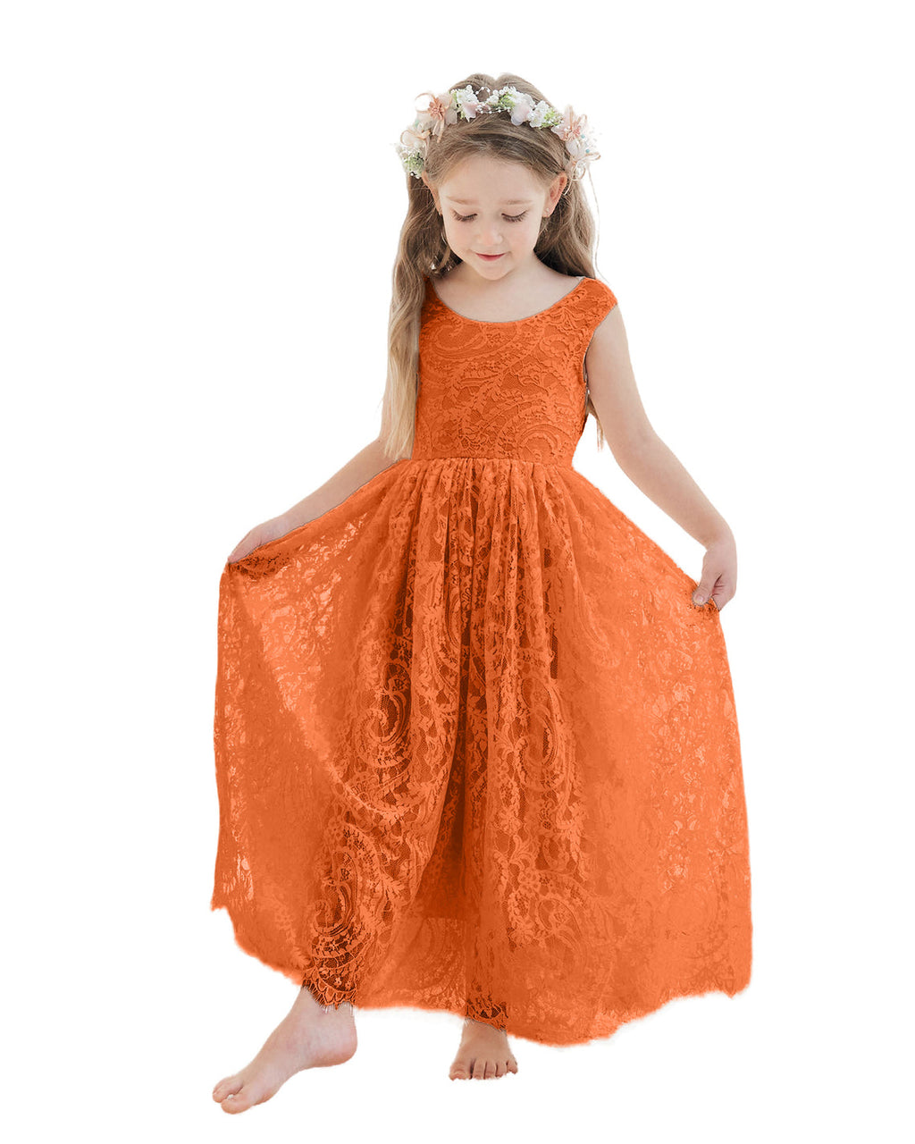 Vestido boho de niña de las flores color marfil, corte en A, de encaje y largo hasta el tobillo 