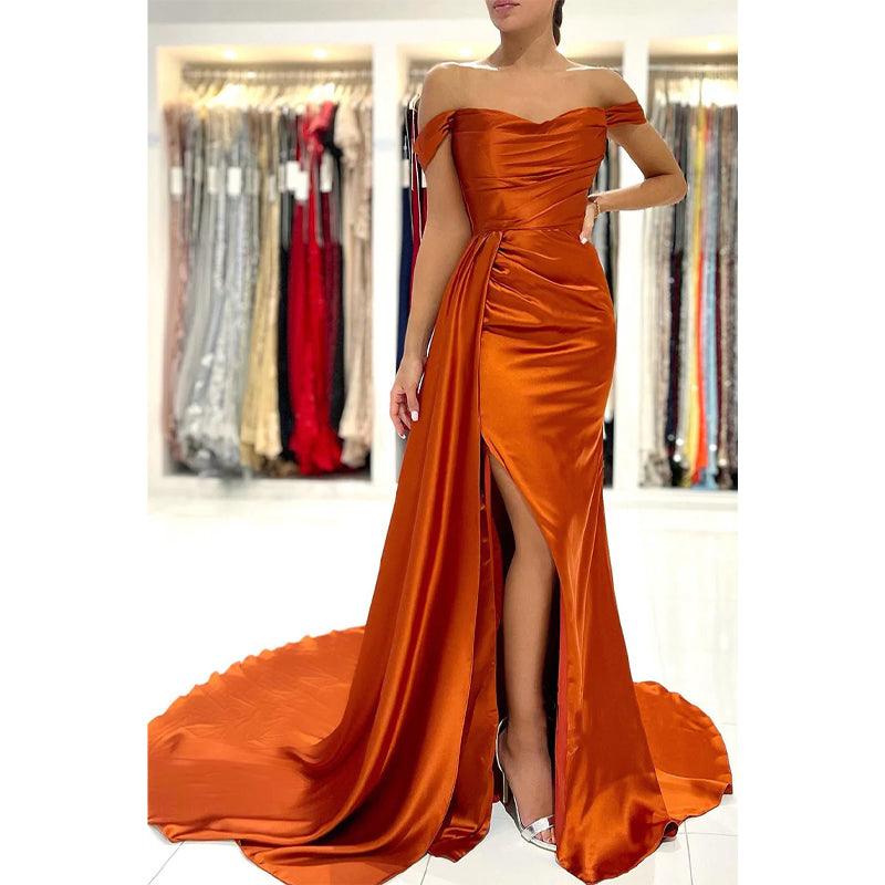 Vestidos de fiesta formales largos con escote en forma de corazón, pliegues y abertura alta