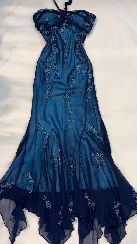 Vestido de fiesta largo de sirena vintage con cuello halter y cuentas, de gasa azul marino, estilo Y7504
