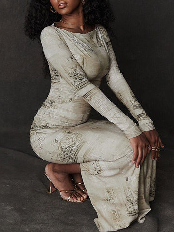 Vestidos largos de noche ajustados de manga larga con estampado, espalda con abertura, escote redondo y abertura lateral. 