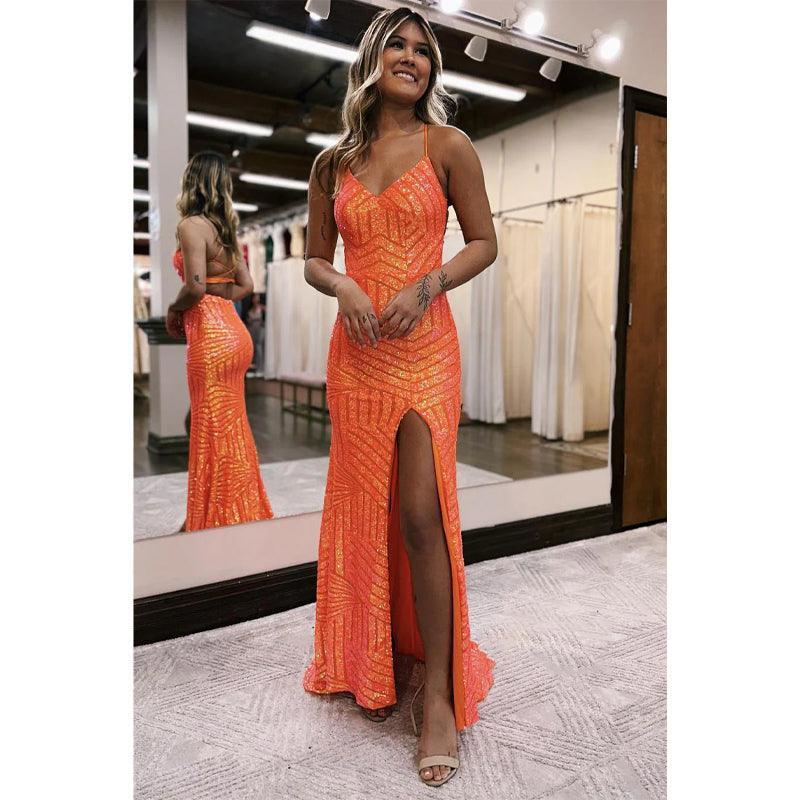 Vestido de noche formal largo con tirantes finos y lentejuelas, corte tubo/columna, brillante, para fiesta de graduación y abertura. 