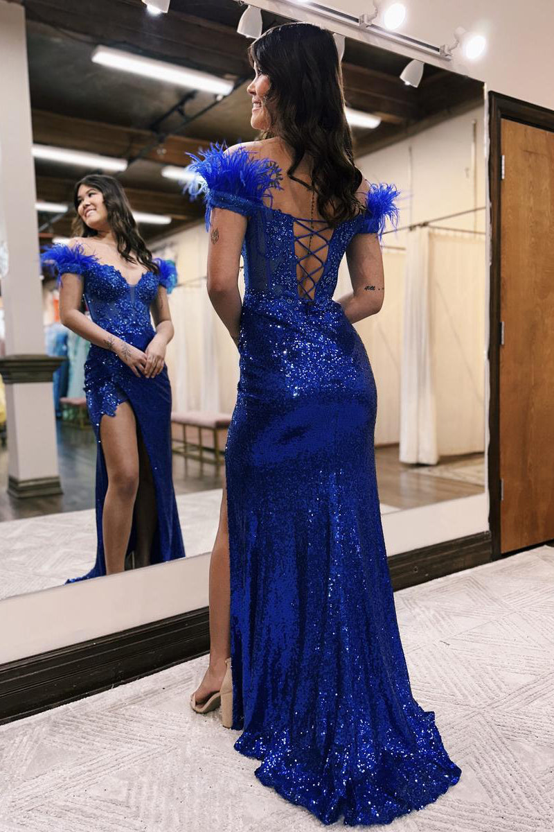 Robe de bal sirène à épaules dénudées en dentelle et sequins