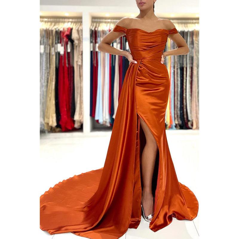 Vestidos de fiesta formales largos con escote en forma de corazón, pliegues y abertura alta