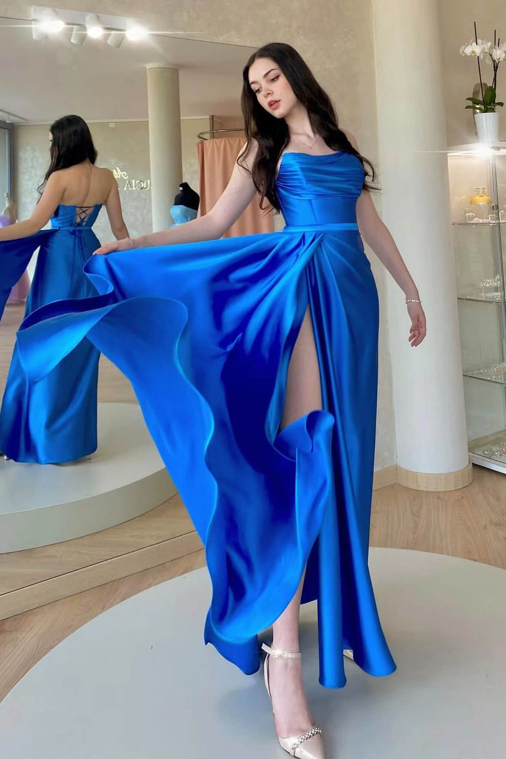 Strapless Open Back Sleeveless Prom Dress with Split and Ruffle