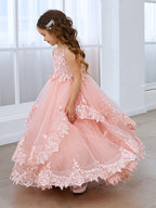 Vestido de princesa sin mangas de tul con apliques de encaje y cola corta para niñas 