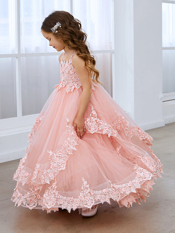 Vestido de princesa sin mangas de tul con apliques de encaje y cola corta para niñas 