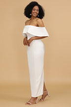 Robe de demoiselle d'honneur blanche en satin à épaules dénudées