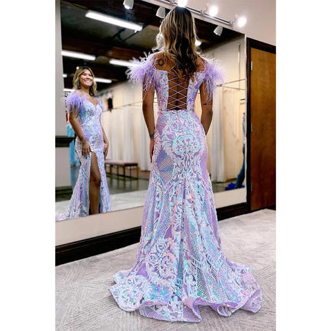 Robe de bal sirène longue et sexy à col en V, avec paillettes et plumes, et fente