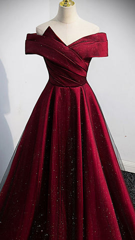 Robe de bal longue en satin bordeaux, coupe trapèze, référence Y767