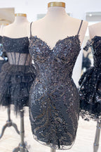 Sparkly Bodycon Spaghetti Straps Blue Corset Homecoming Dress with Sequins