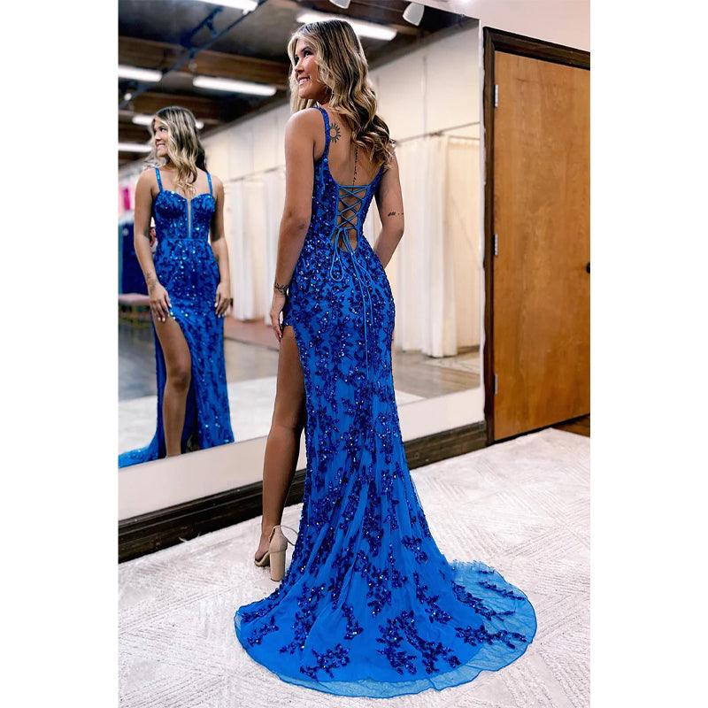 Plunging V-neck Sequined Appliqued Long Prom Dress with Slit