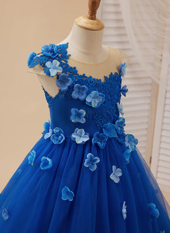 Vestido de princesa para niña de las flores con apliques y lazo azul real 