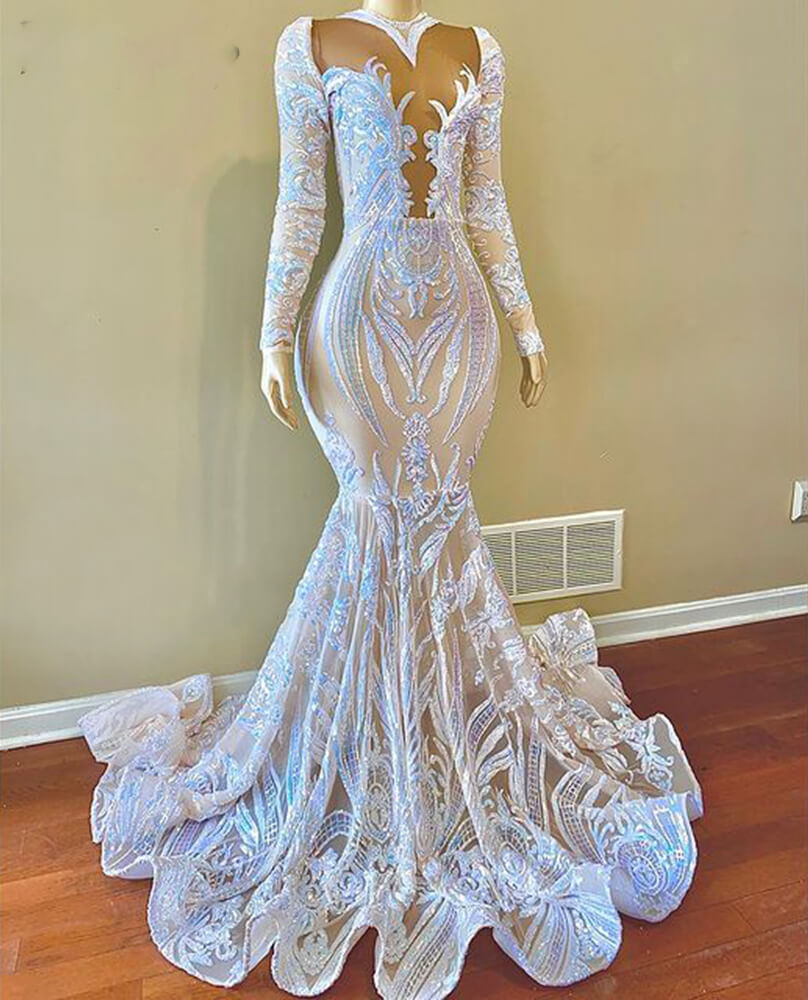 Vestido de sirena de fiesta con apliques de lentejuelas blancas, encaje y mangas largas.