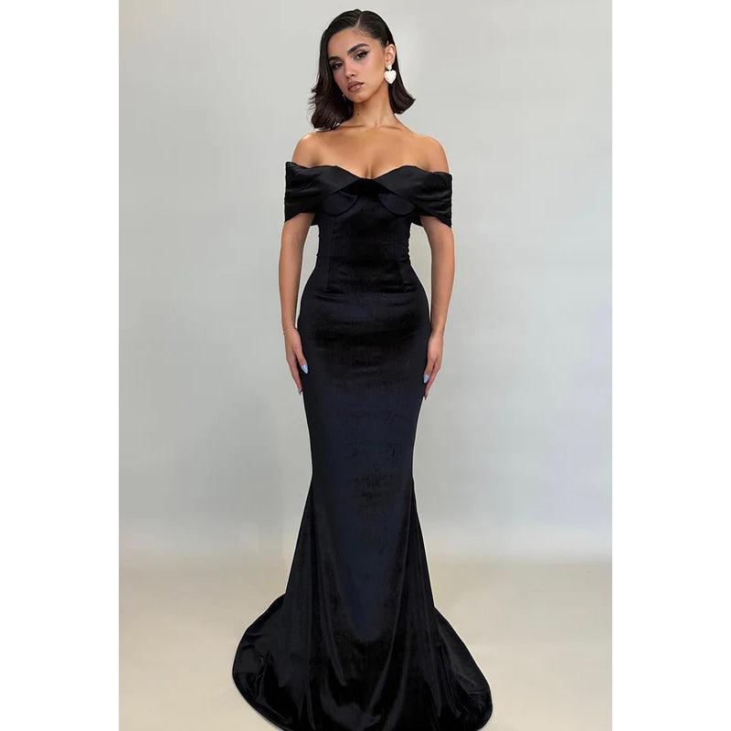 Vestido de fiesta formal de corte trompeta, sencillo y elegante, con hombros descubiertos y mangas cortas